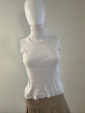 Zara White Ribbed Sleeveless Mock Neck Tank